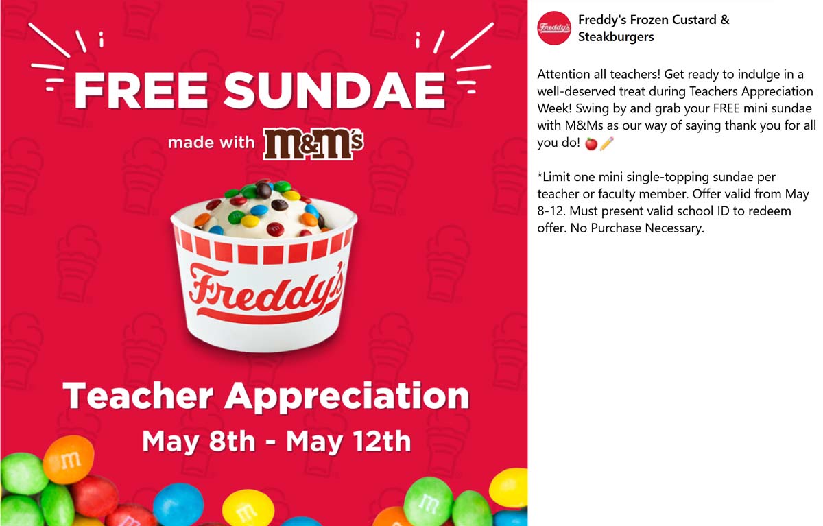 Teachers Enjoy A Free Ice Cream Sundae At Freddys Frozen Custard 