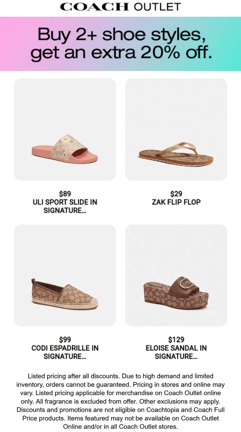 20 off 2+ shoe styles at Coach Outlet coachoutlet The Coupons App®