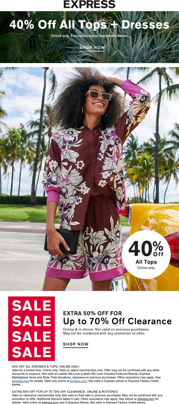 Express stores Coupon  40% off all dresses & tops online at Express #express 