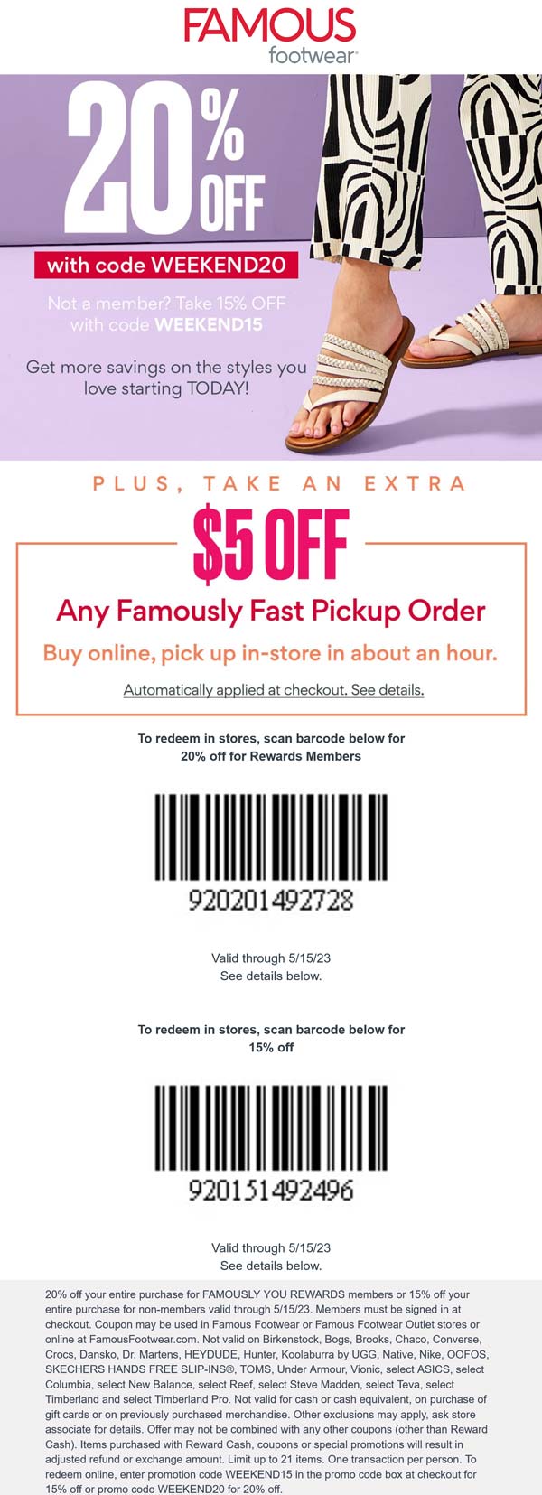 Famous Footwear stores Coupon  15-20% off at Famous Footwear, or online via promo code WEEKEND20 #famousfootwear 