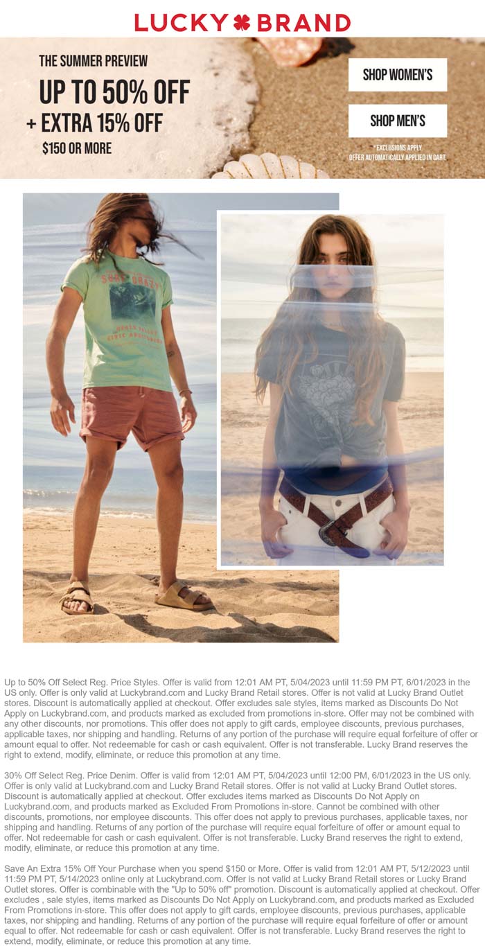 Lucky Brand stores Coupon  15-50% off $150+ online at Lucky Brand #luckybrand 