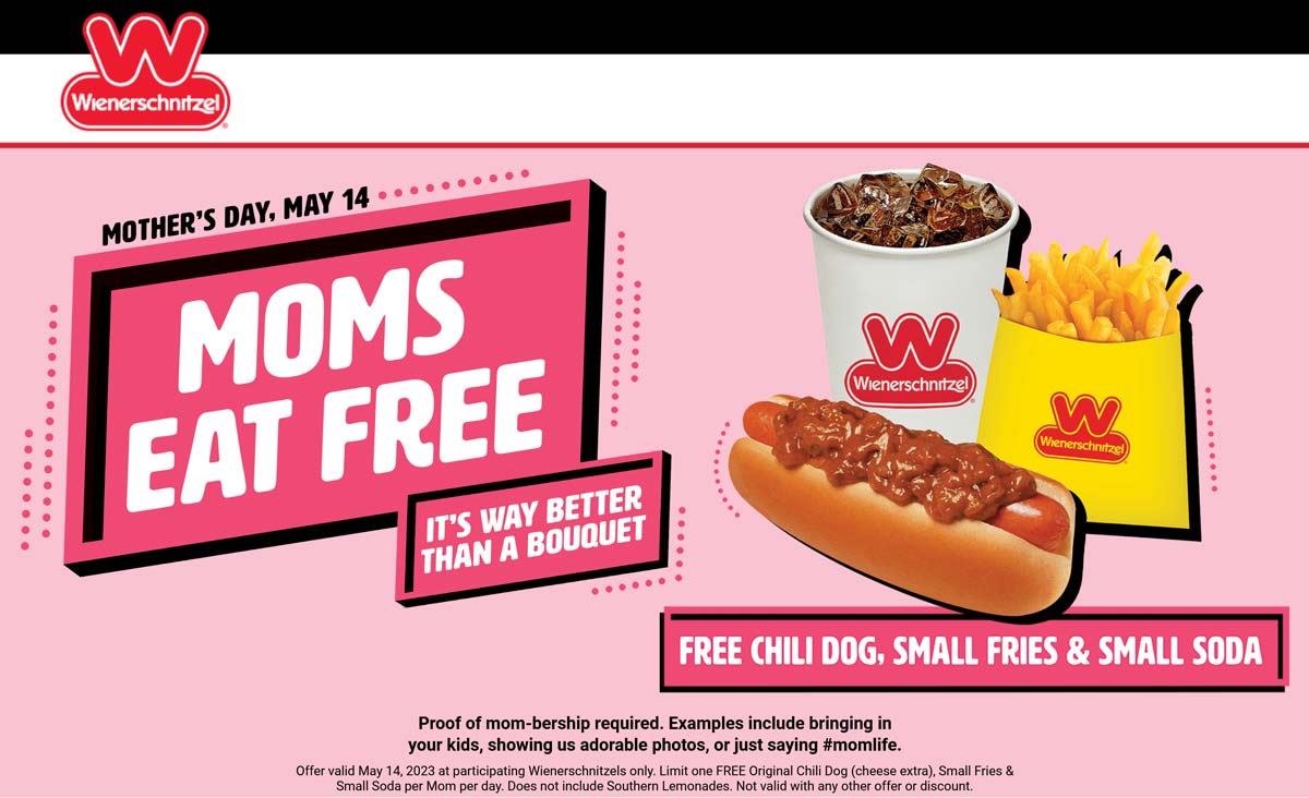 Mom enjoys a free chili dog + fries + drink Sunday at Wienerschnitzel 