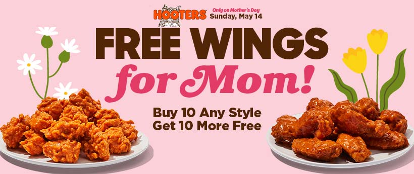 Hooters restaurants Coupon  Second 10pc chicken wings free Sunday at Hooters #hooters 