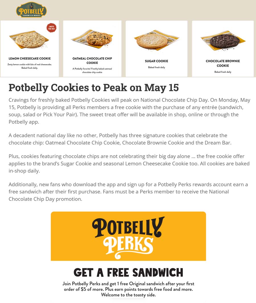 Potbelly restaurants Coupon  Free cookie with your sandwich Monday at Potbelly #potbelly 