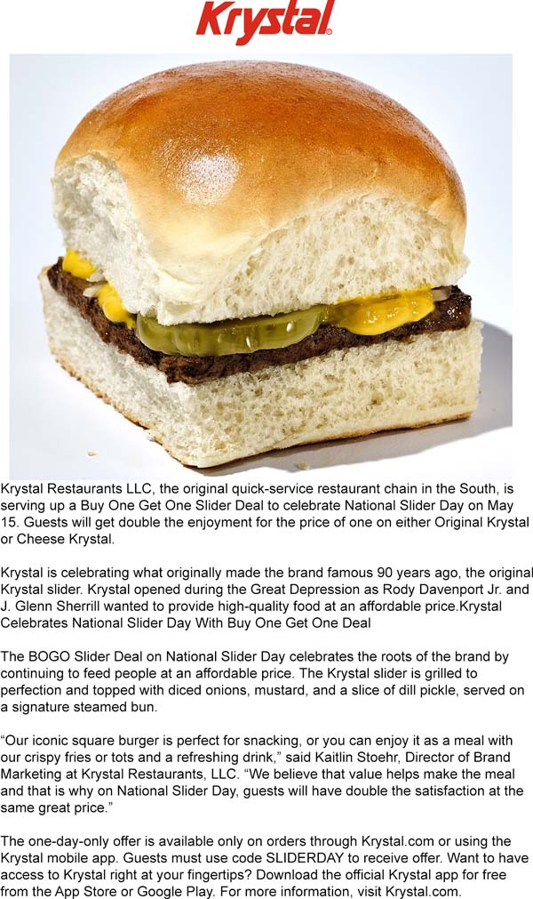 Krystal restaurants Coupon  Second cheeseburger free today at Krystal via promo code SLIDERDAY #krystal 