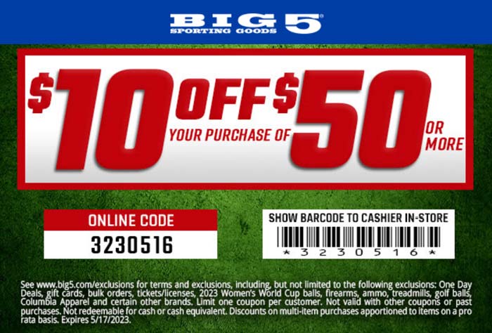 Big 5 stores Coupon  $10 off $50 at Big 5 sporting goods, or online via promo code 3230516 #big5 