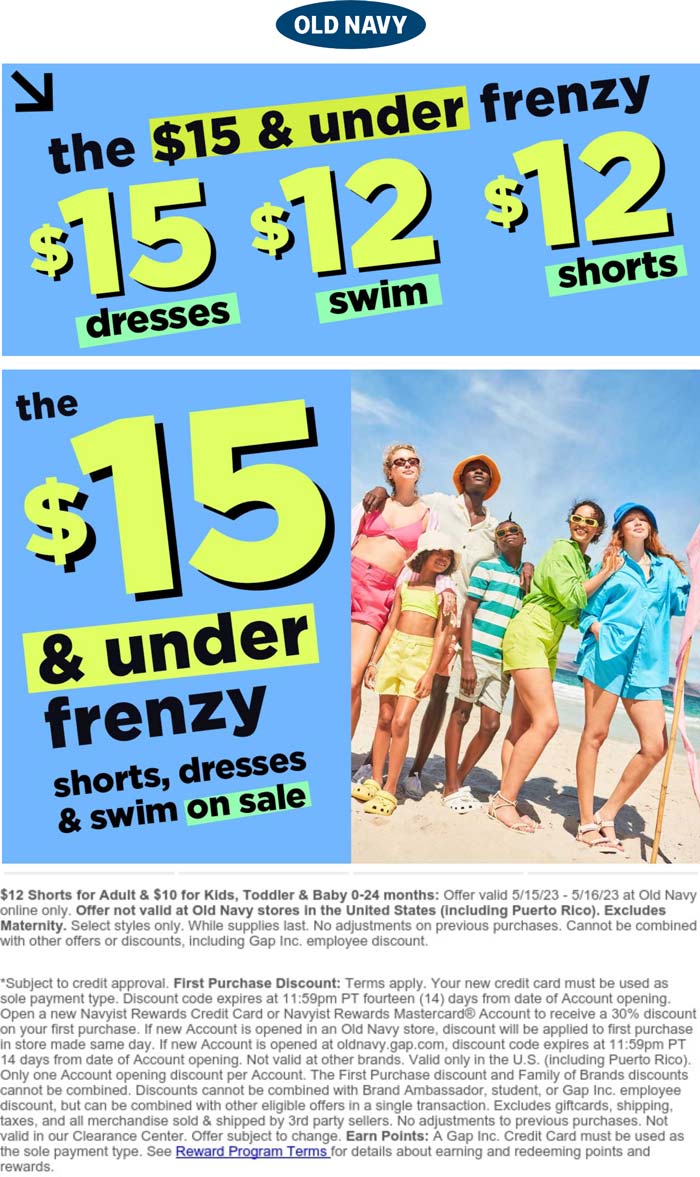 Old Navy stores Coupon  $12 shorts and swim & $15 dresses today at Old Navy #oldnavy 