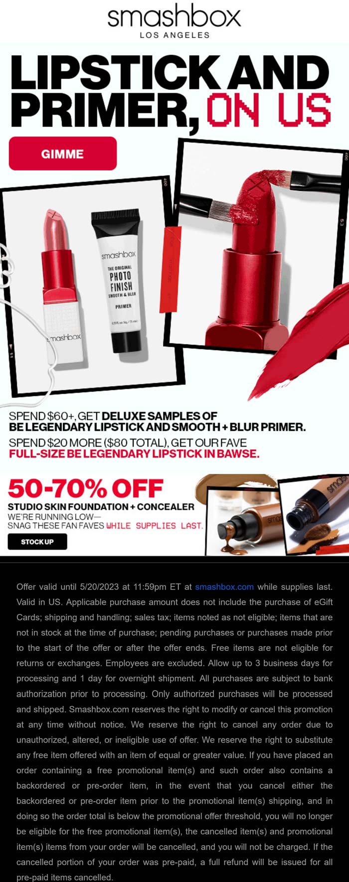 Smashbox stores Coupon  Free full size lipstick + primer on $80 at Smashbox cosmetics #smashbox 