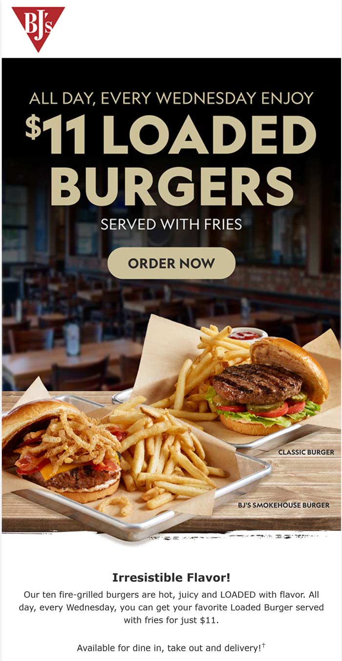 BJs Restaurant restaurants Coupon  Loaded cheeseburger + fries = $11 at BJs Restaurant #bjsrestaurant 