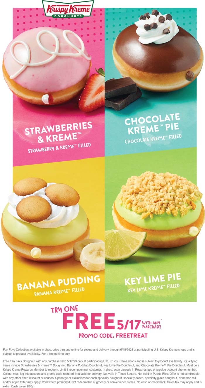 Krispy Kreme restaurants Coupon  Free fan fave doughnut with any order today at Krispy Kreme #krispykreme 