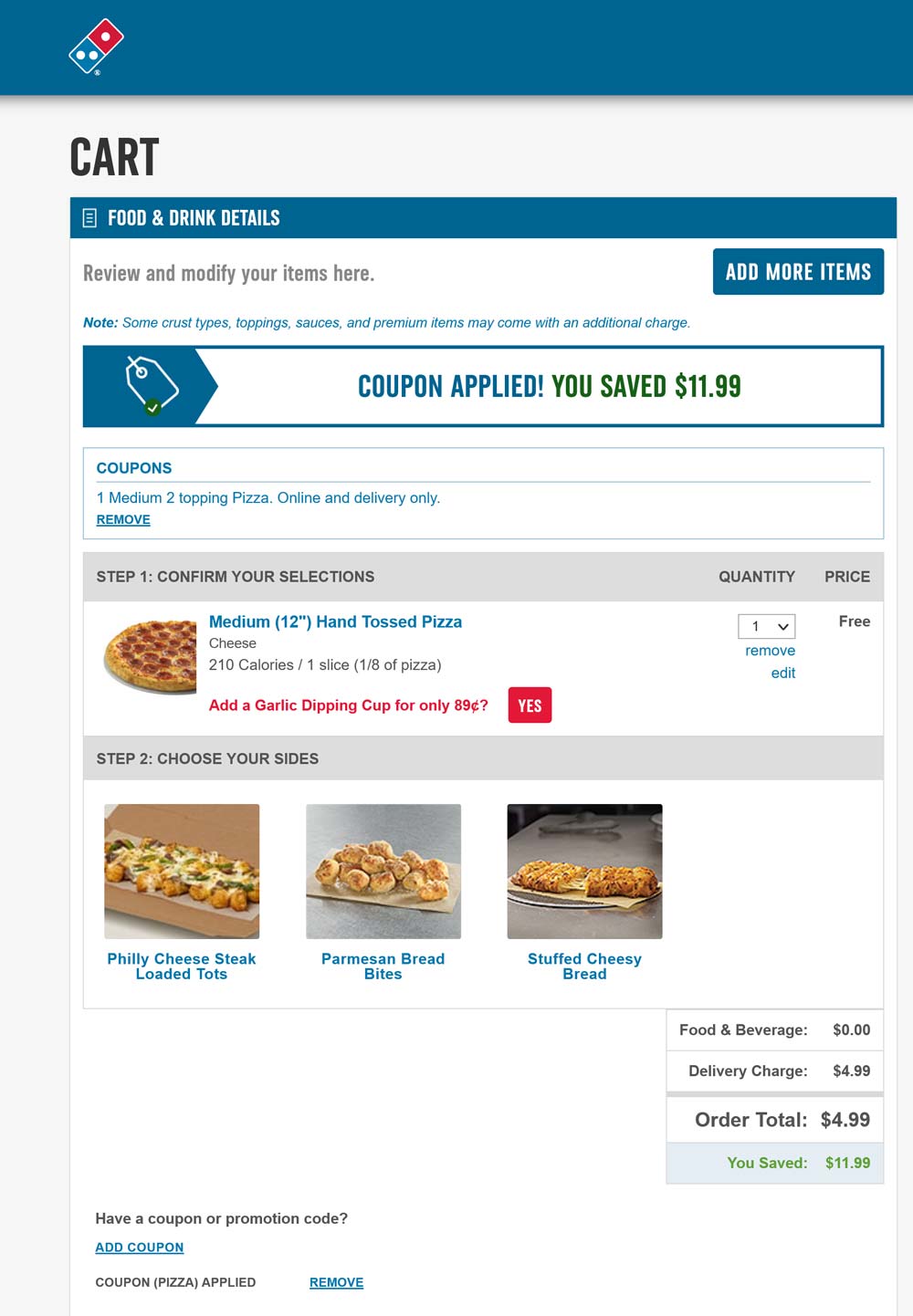 Dominos restaurants Coupon  Free pizza after $5 delivery at Dominos via promo code PIZZA #dominos 