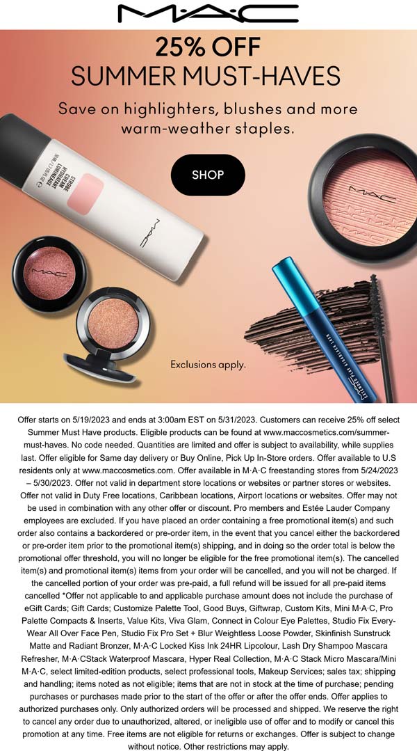 MAC stores Coupon  25% off summer must haves at MAC cosmetics #mac 