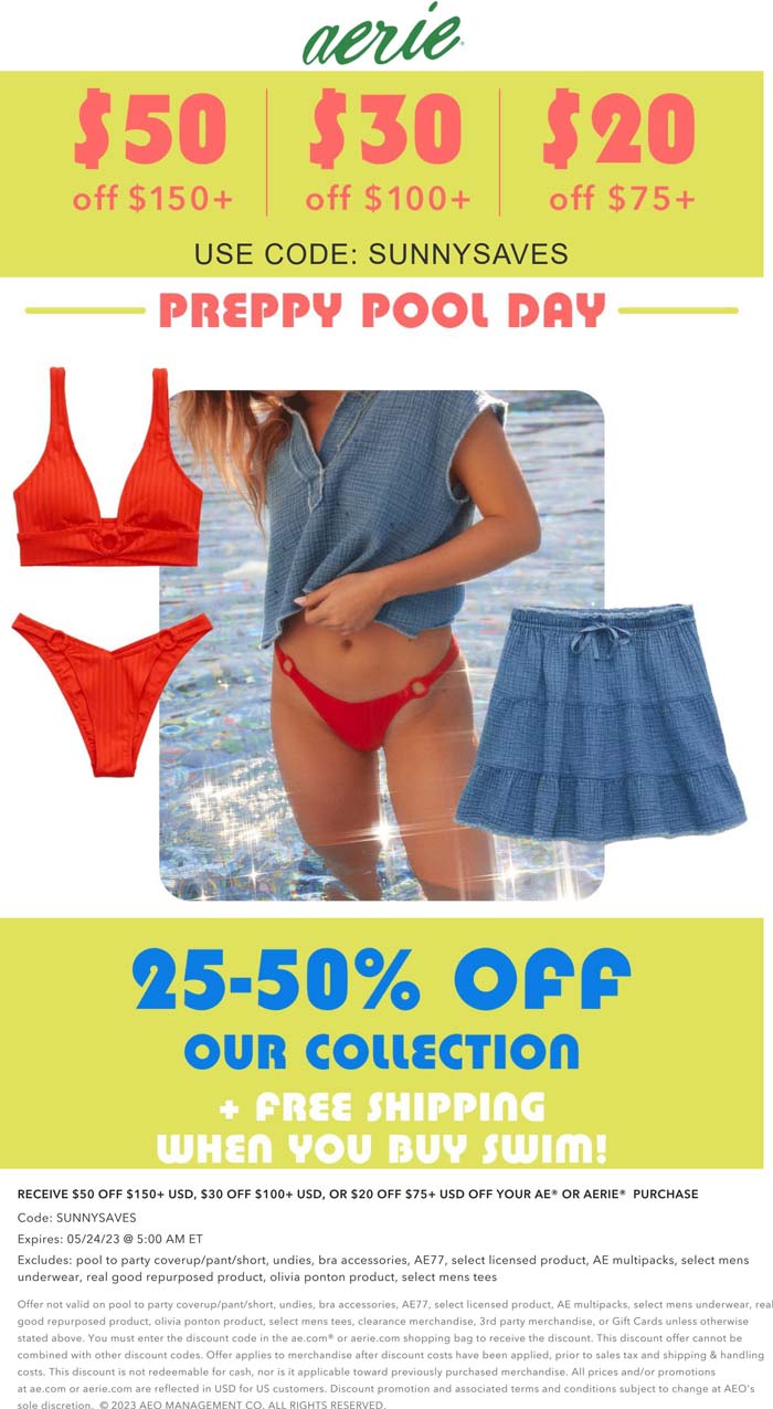 Aerie stores Coupon  $20-$50 off $75+ at Aerie via promo code SUNNYSAVES #aerie 