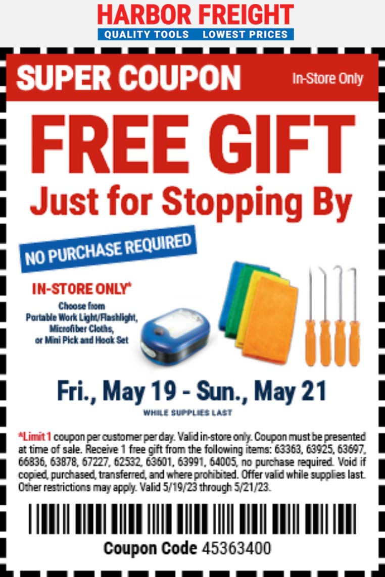 Harbor Freight stores Coupon  Free gift at Harbor Freight tools, no purchase necessary #harborfreight 