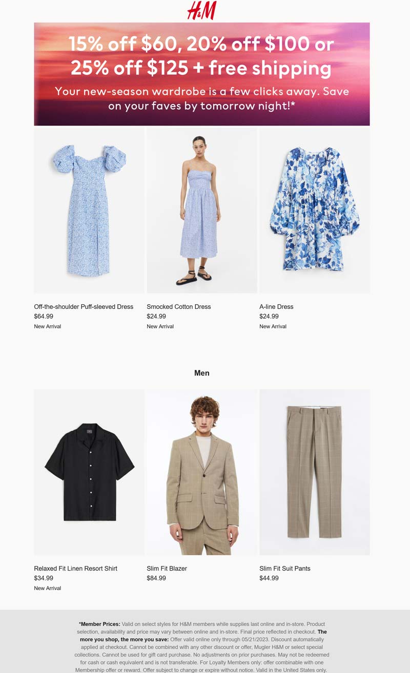 H&M stores Coupon  15-25% off $60+ at H&M, ditto online #hm 