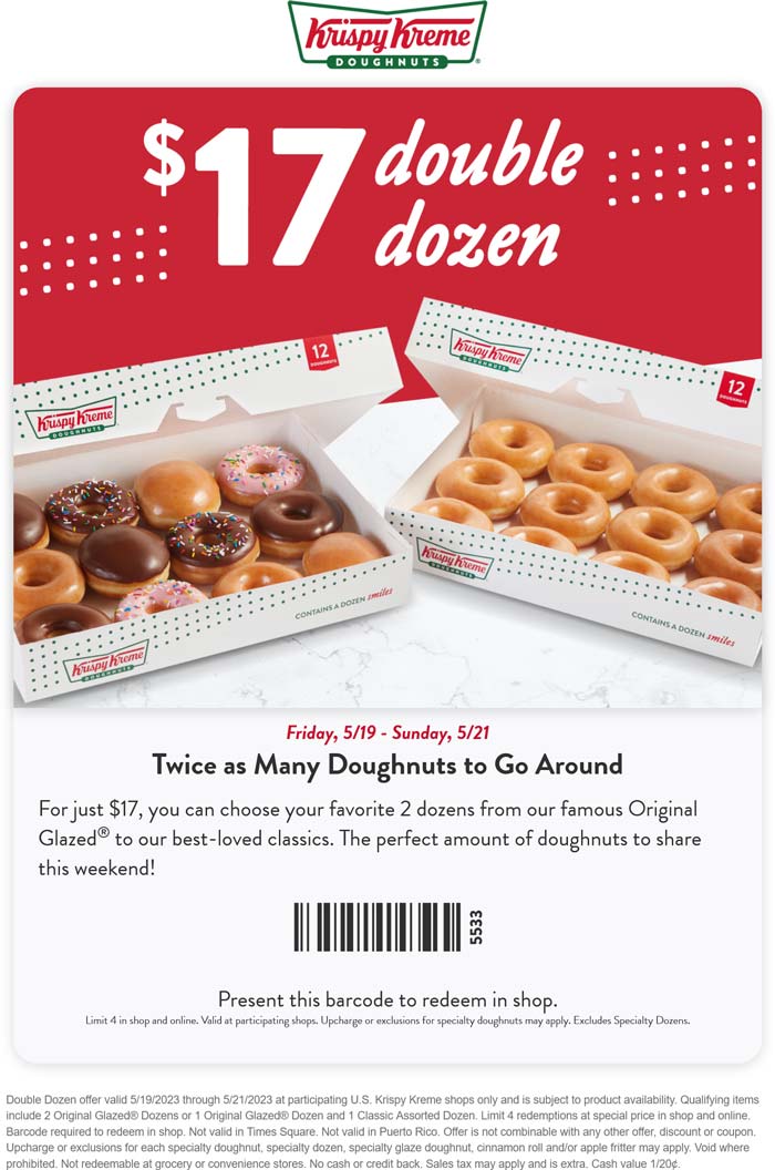Krispy Kreme restaurants Coupon  Two dozen doughnuts for $17 at Krispy Kreme #krispykreme 