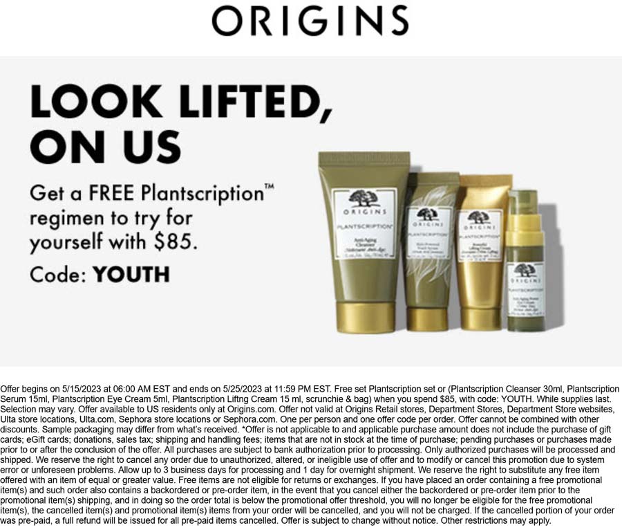 Origins stores Coupon  4pc Plantscription set free on $85 at Origins via promo code YOUTH #origins 