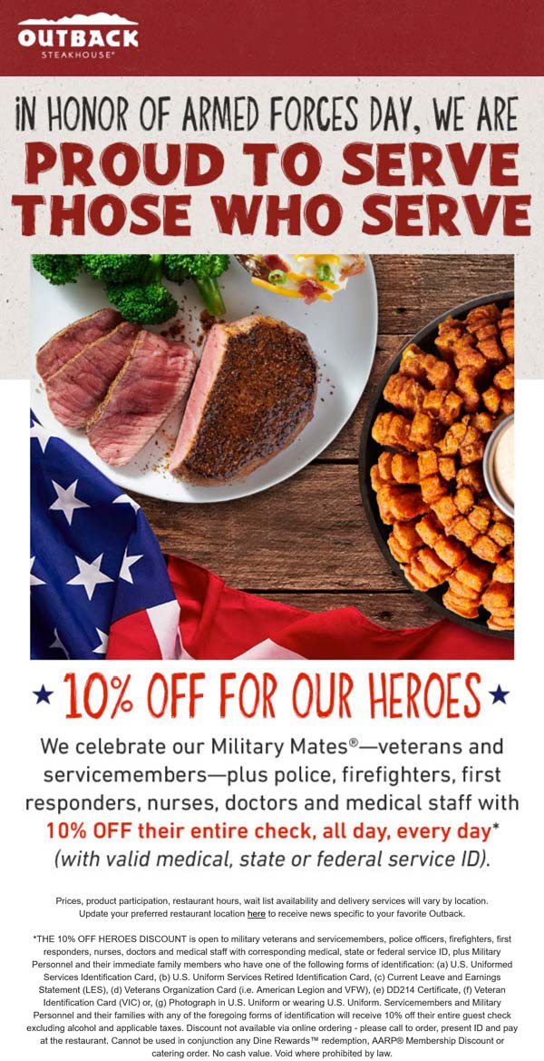 Outback Steakhouse restaurants Coupon  Nurses police first responders & veterans enjoy 10% off daily at Outback Steakhouse restaurants #outbacksteakhouse 
