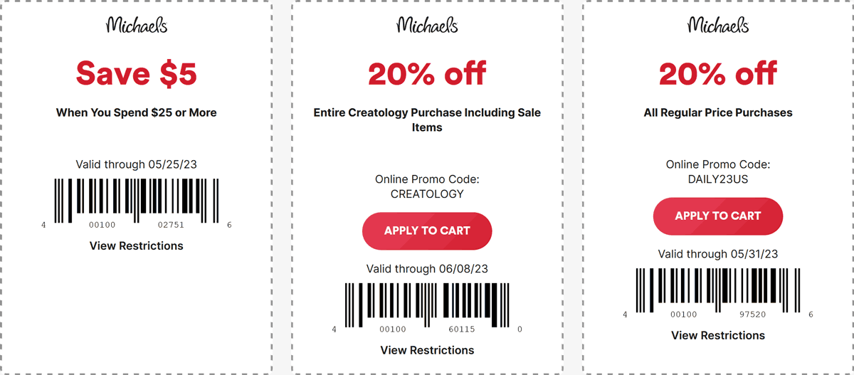 MIchaels stores Coupon  $5 off $25 & more at MIchaels, or 20% online via promo code DAILY23US #michaels 