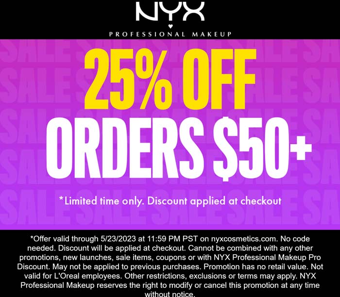 NYX Professional Makeup stores Coupon  25% off $50 at NYX Professional Makeup #nyxprofessionalmakeup 