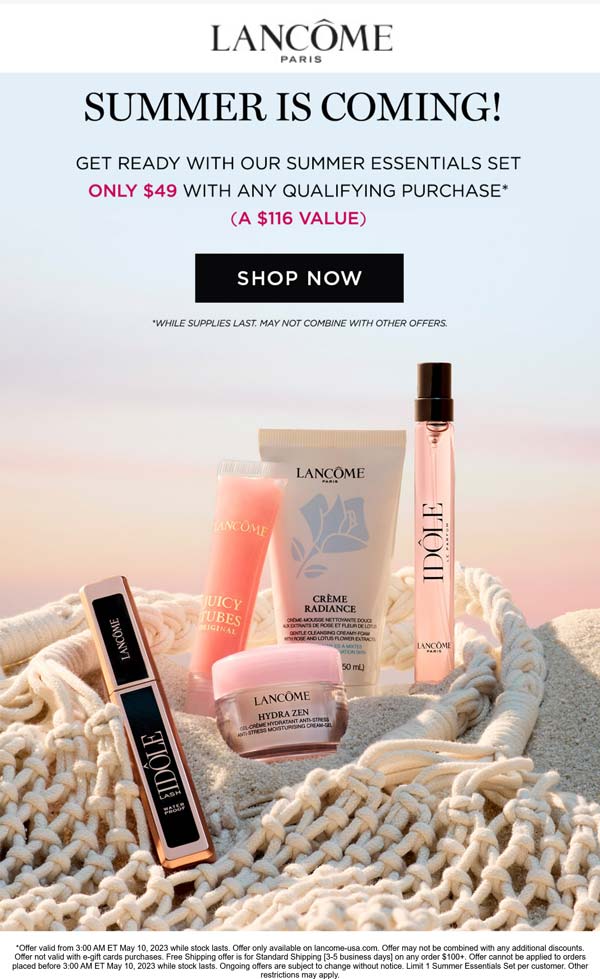 Lancome stores Coupon  Summer essentials set for $49 with any purchase at Lancome #lancome 