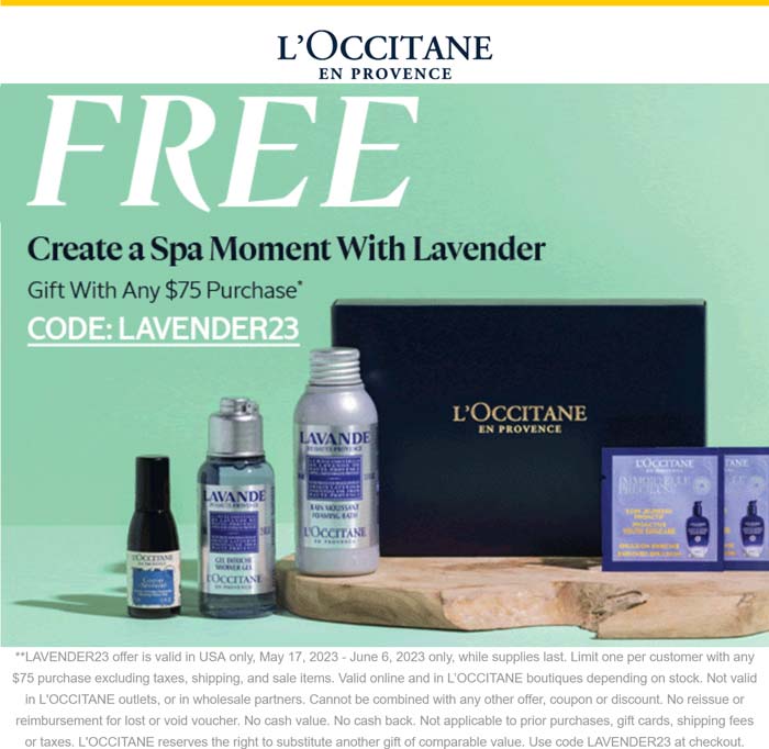 LOccitane stores Coupon  Free spa set on $75 at LOccitane, or online via promo code LAVENDER23 #loccitane 