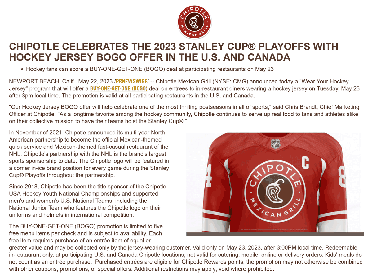 Chipotle restaurants Coupon  Second entree free today via hockey jersey at Chipotle #chipotle 