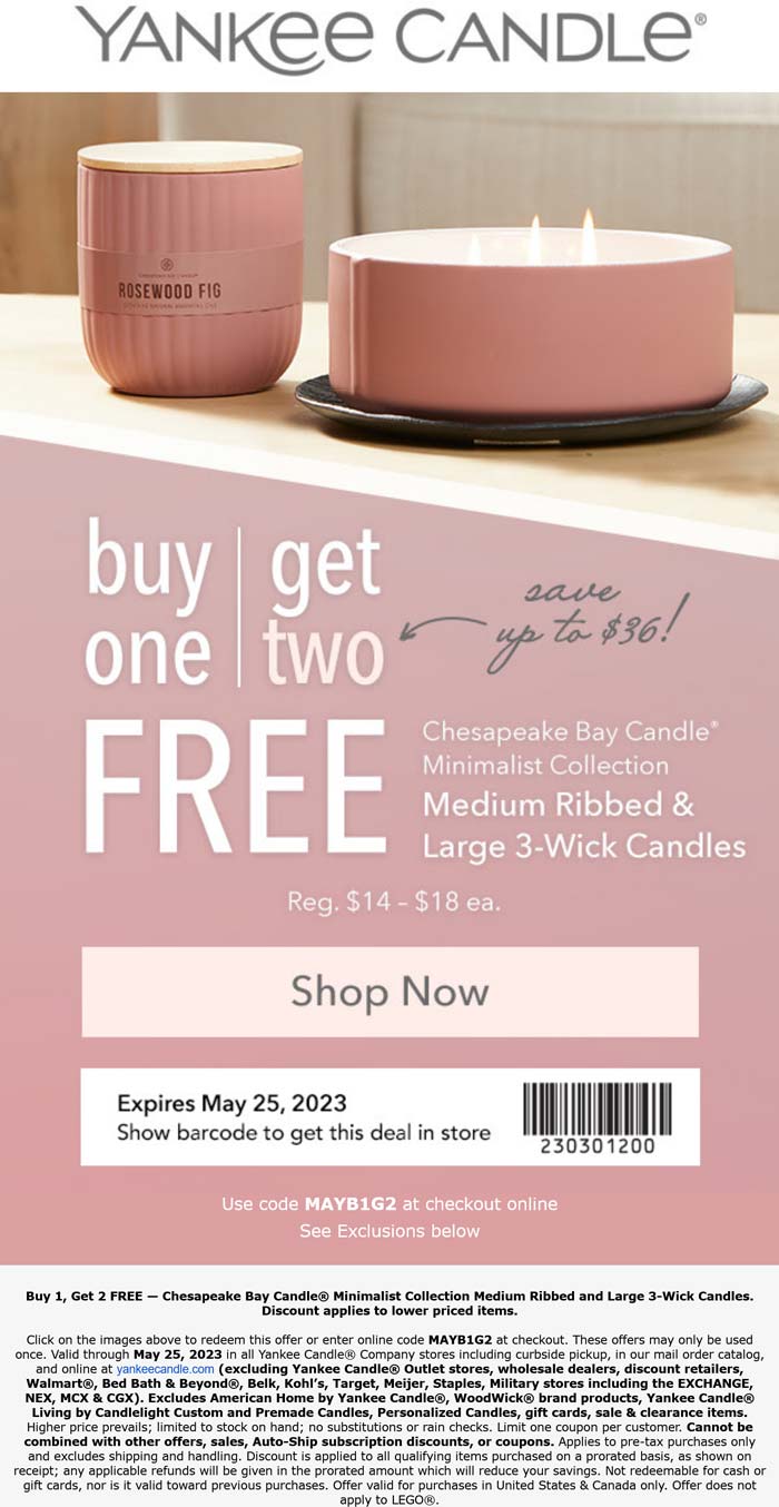 Yankee Candle stores Coupon  3-for-1 large candles at Yankee Candle, or online via promo code MAYB1G2 #yankeecandle 