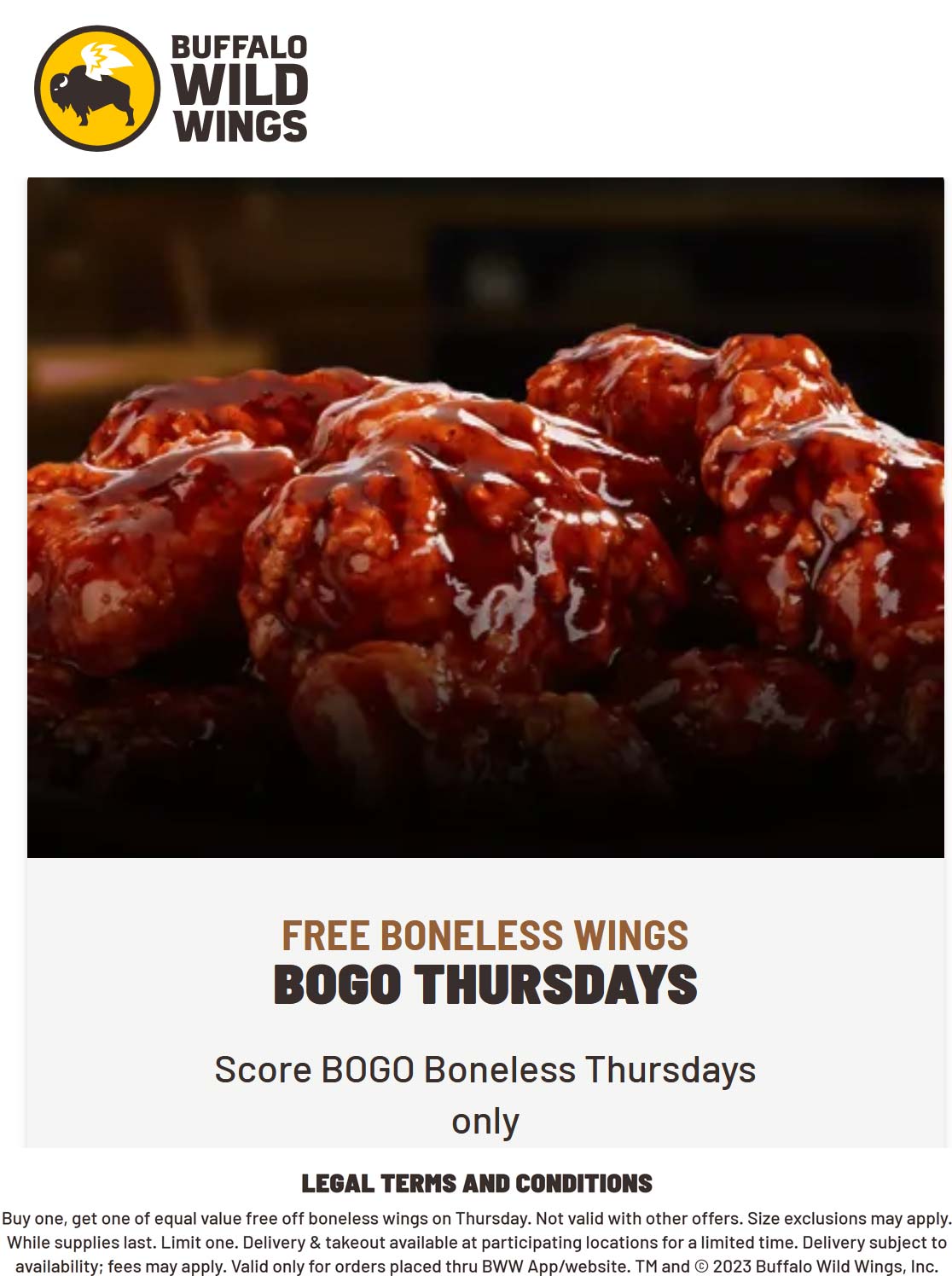 Buffalo Wild Wings restaurants Coupon  Second boneless wings free today at Buffalo Wild Wings restaurants #buffalowildwings 
