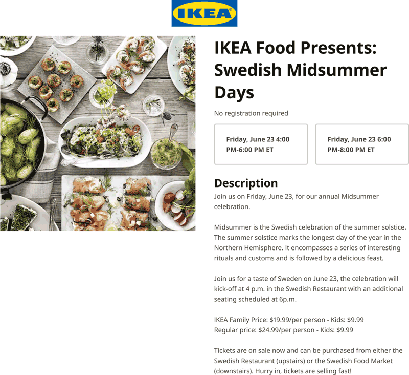 IKEA restaurants Coupon  Taste of Sweden midsummer buffet for $20 the 23rd at IKEA #ikea 