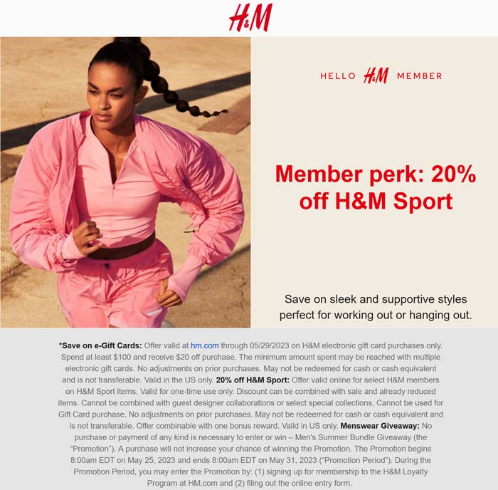 H&M stores Coupon  20% off H&M Sport online #hm 