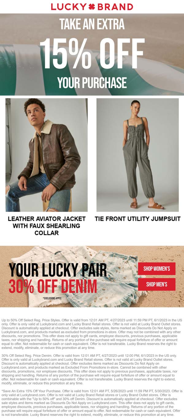 Lucky Brand stores Coupon  30% off denim also extra 15% off at Lucky Brand #luckybrand 