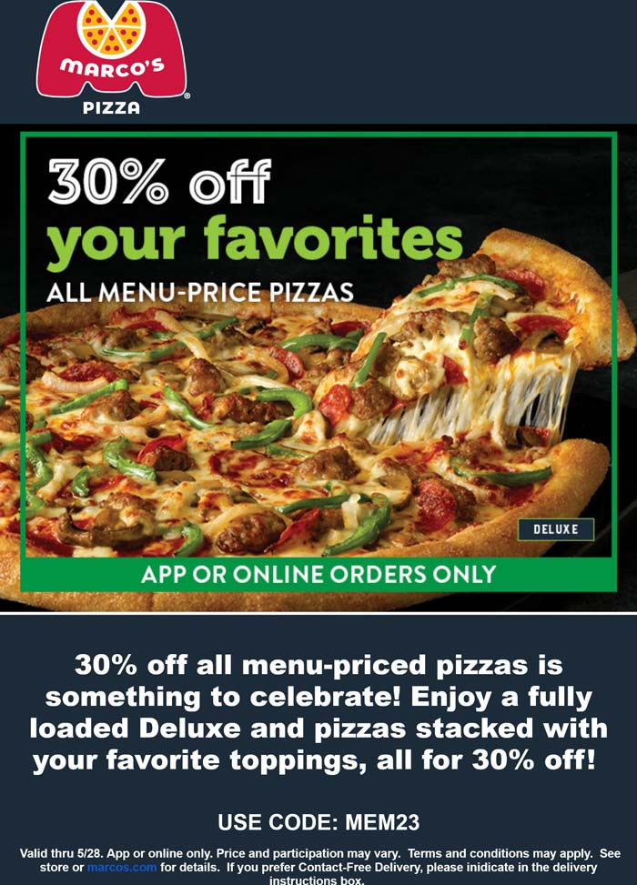 Marcos restaurants Coupon  30% off at Marcos Pizza via promo code MEM23 #marcos 