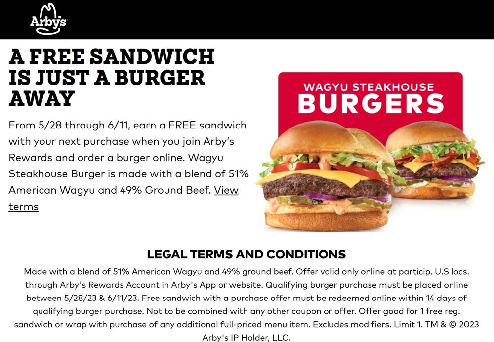 Arbys restaurants Coupon  Sandwich free with your burger online at Arbys #arbys 
