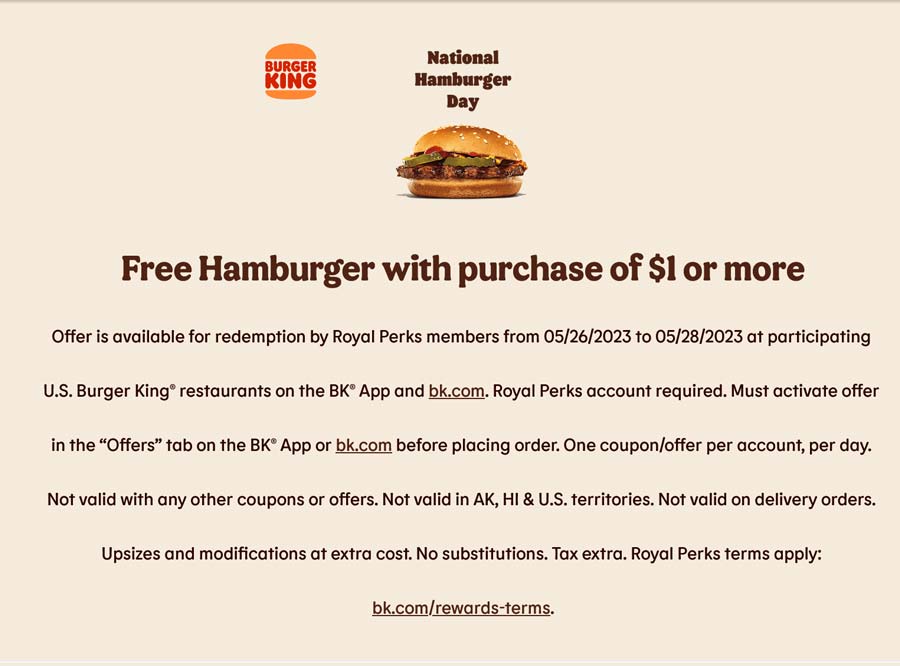 Burger King restaurants Coupon  Free hamburger on $1 at Burger King restaurants #burgerking 