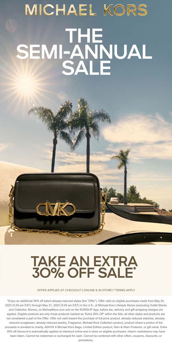 Michael Kors stores Coupon  Extra 30% off sale items at Michael Kors, ditto online #michaelkors 