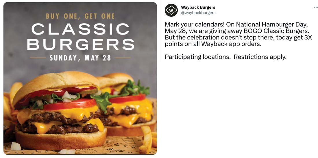 Wayback Burgers restaurants Coupon  Second cheeseburger free Sunday at Wayback Burgers #waybackburgers 