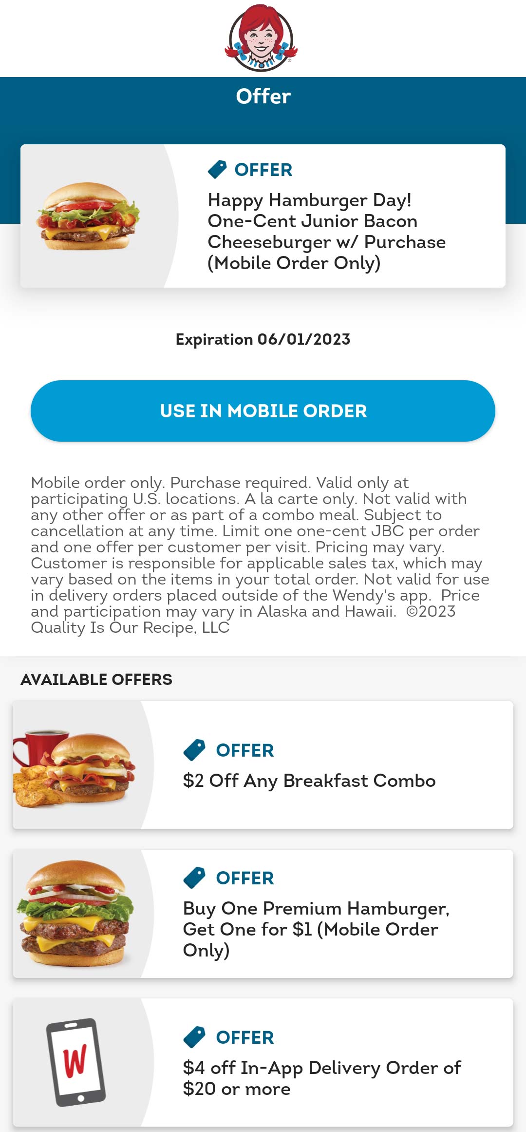 Wendys restaurants Coupon  Jr bacon cheeseburger for a penny via mobile at Wendys #wendys 