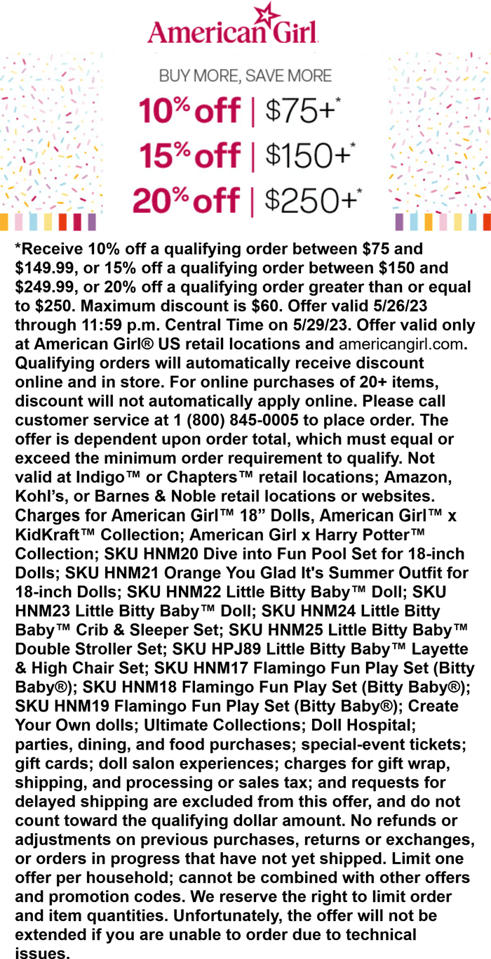 American Girl stores Coupon  10-20% off $75+ at American Girl, ditto online #americangirl 