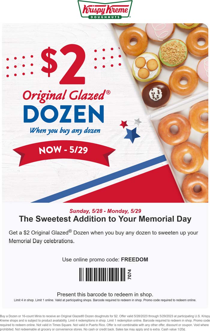 Krispy Kreme restaurants Coupon  Second dozen glazed doughnuts $2 at Krispy Kreme, or online via promo code FREEDOM #krispykreme 