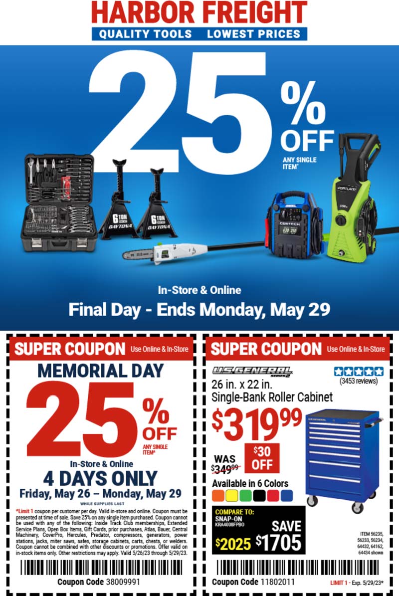 Harbor Freight stores Coupon  25% off a single item today at Harbor Freight Tools, or online via promo code 38009991 #harborfreight 