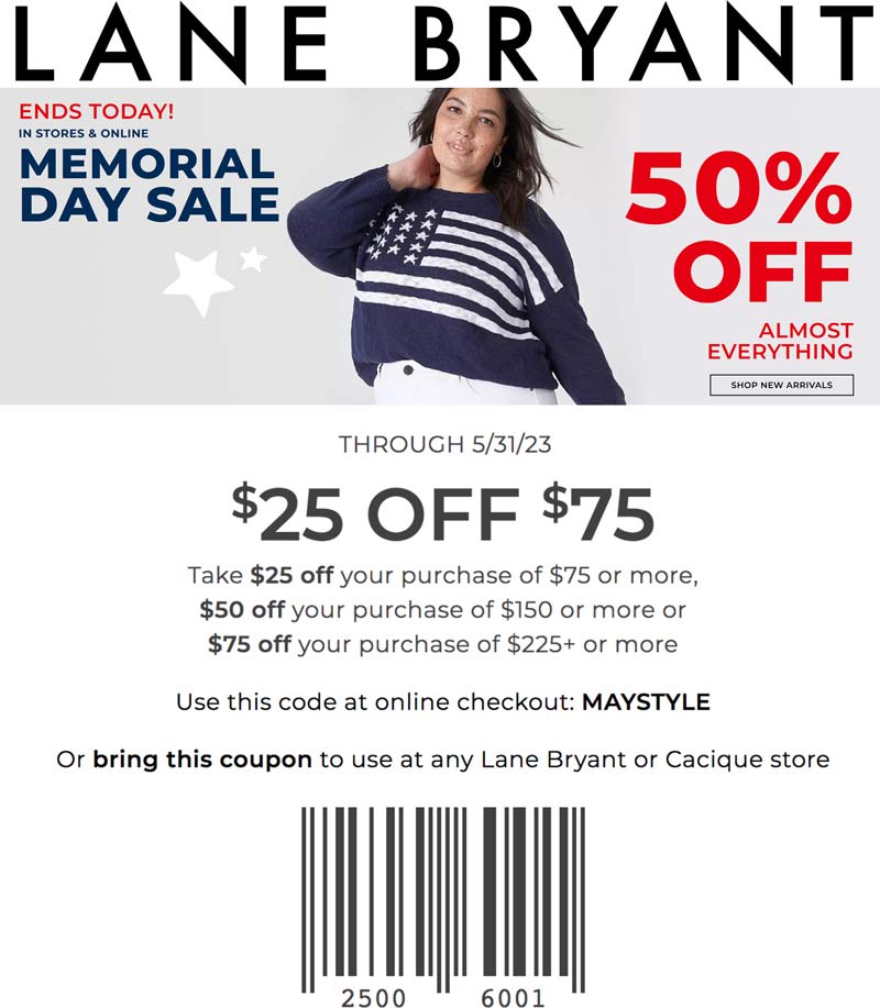 Lane Bryant stores Coupon  $25 off $75 & more at Lane Bryant, or online via promo code MAYSTYLE #lanebryant 