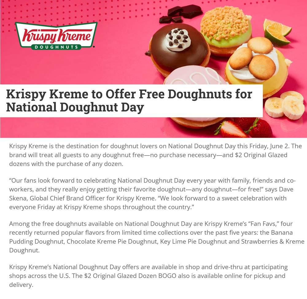Krispy Kreme restaurants Coupon  Free doughnut Friday at Krispy Kreme, no purchase necessary #krispykreme 