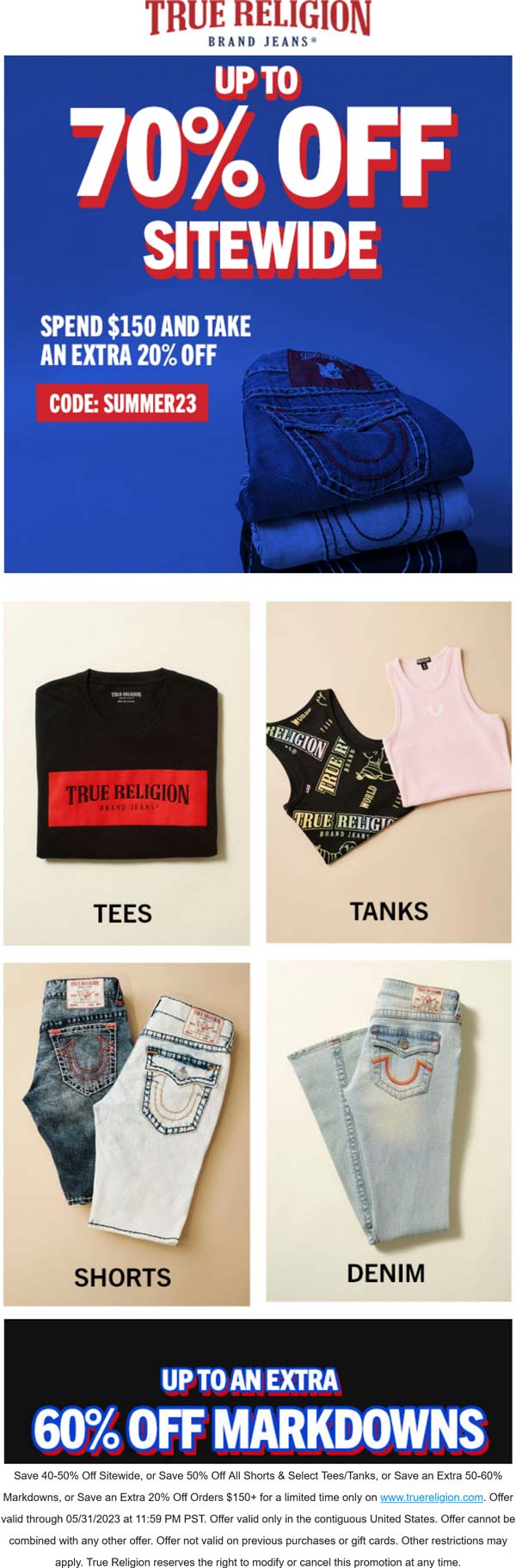 True Religion stores Coupon  40-70% off everything online today at True Religion #truereligion 