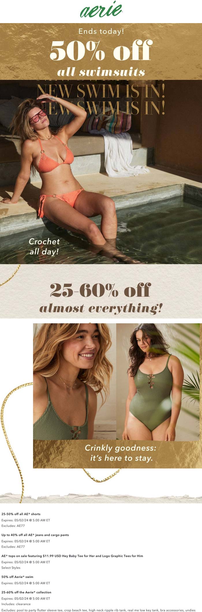 Aerie stores Coupon  50% off all swimsuits & more today at Aerie #aerie 