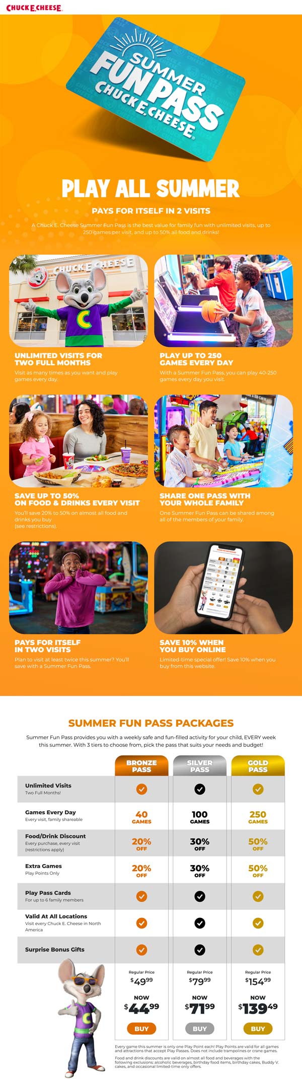 Chuck E. Cheese restaurants Coupon  Various game passes enable game play daily all summer at Chuck E. Cheese pizza #chuckecheese 