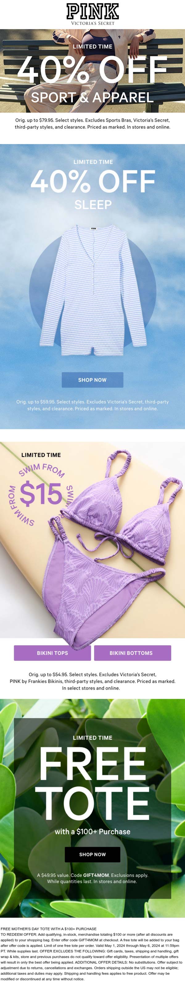 PINK stores Coupon  40% off sport apparel & accessories + free tote on $100 at PINK #pink 