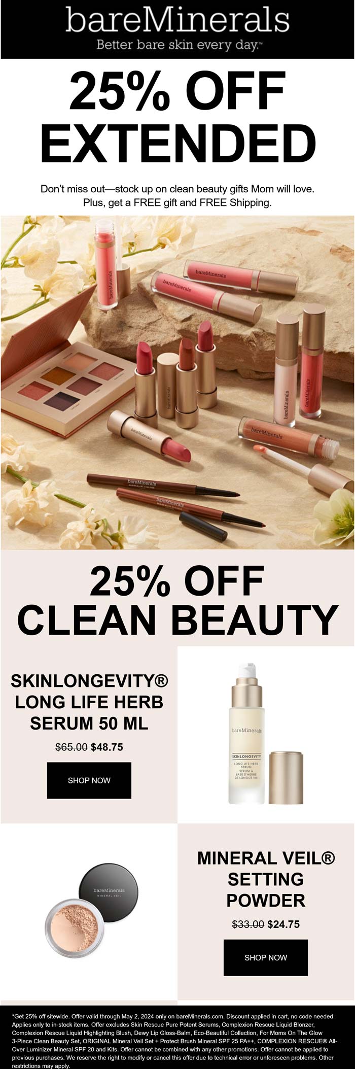bareMinerals stores Coupon  25% off everything online today at bareMinerals #bareminerals 