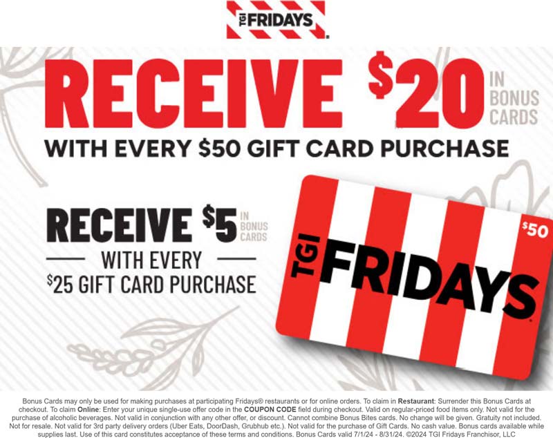 TGI Fridays restaurants Coupon  Free $20 card on every $50 card at TGI Fridays restaurants #tgifridays 
