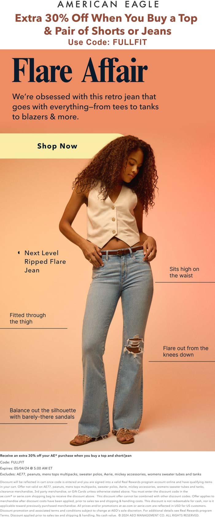 American Eagle stores Coupon  Extra 30% off today at American Eagle via promo code FULLFIT #americaneagle 